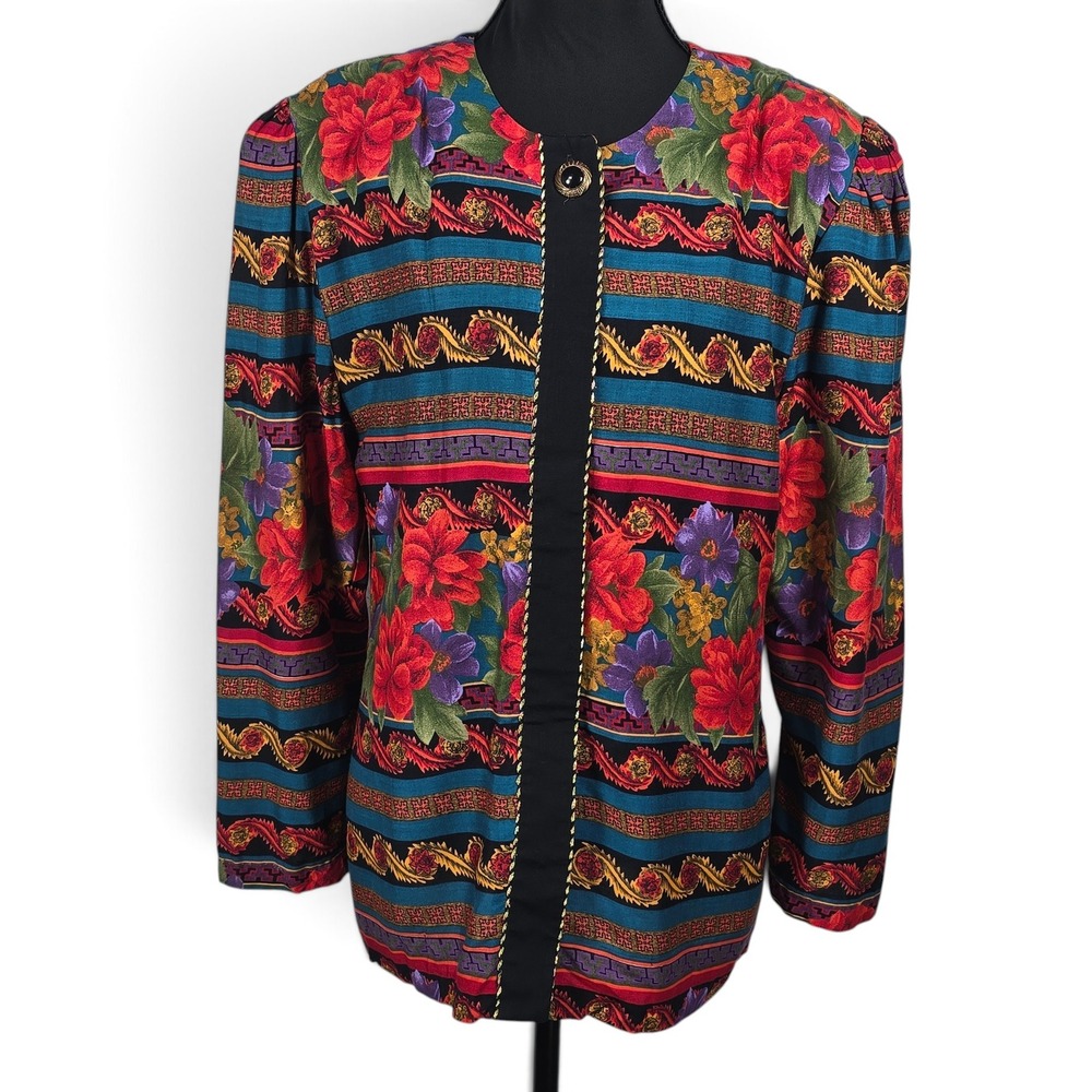 Michael Allen Ltd Jacket Women 14 Floral‎ Geometric Multi Braid Trim EUC Vintage